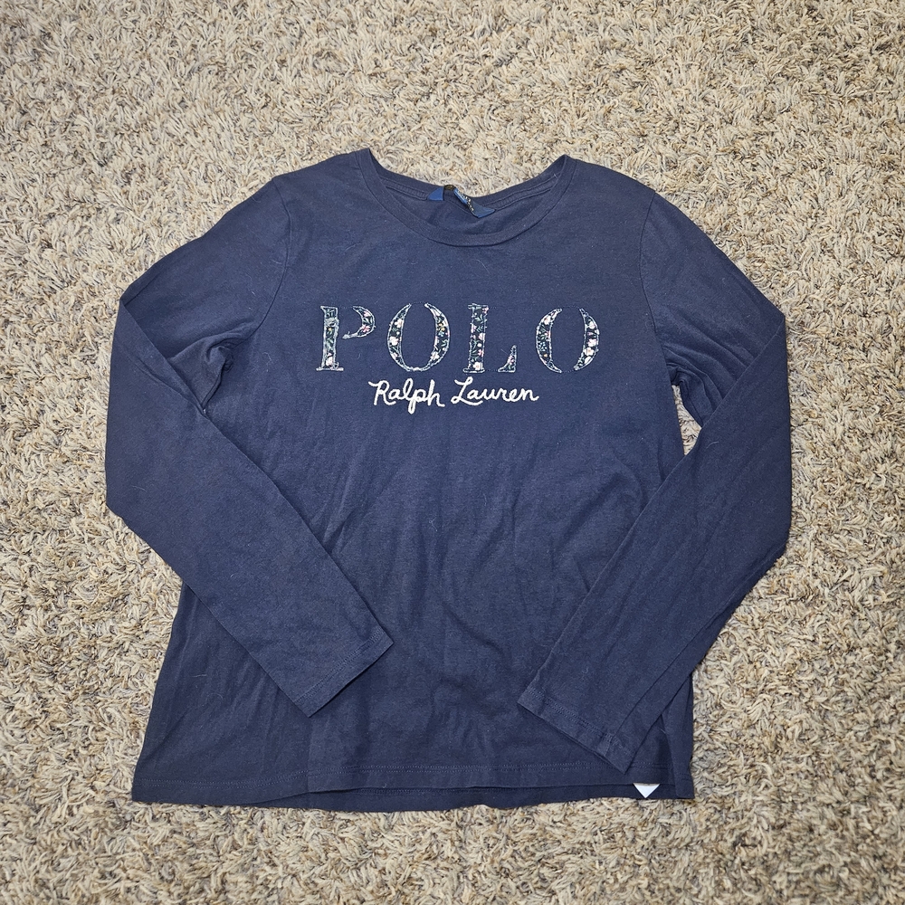 Girls Navy Blue Polo Ralph Lauren Shirt Long Sleeve Size L (12-14) Embroidered